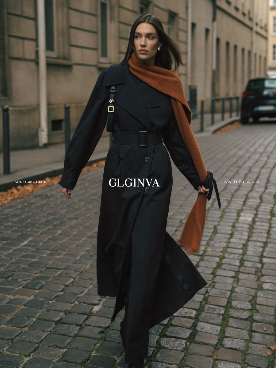 Frau im Trenchcoat in der Altstadt